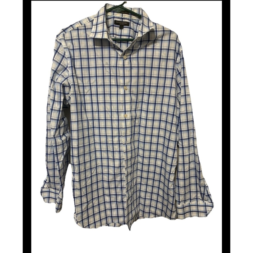 Banana Republic Grant Fit Mens Blue White Plaid Non Iron Dress Shirt Large L